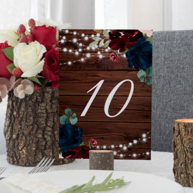 Marsala & Navy Floral Rustic Wood 10 Table Numbers (Creator Uploaded)