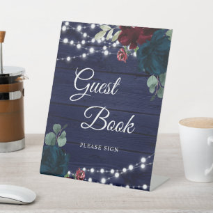 Marsala & Navy Floral Rustic Wood Guest Book Sign