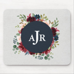 Marsala & Navy Floral Shabby Chic Monogrammed Mouse Pad