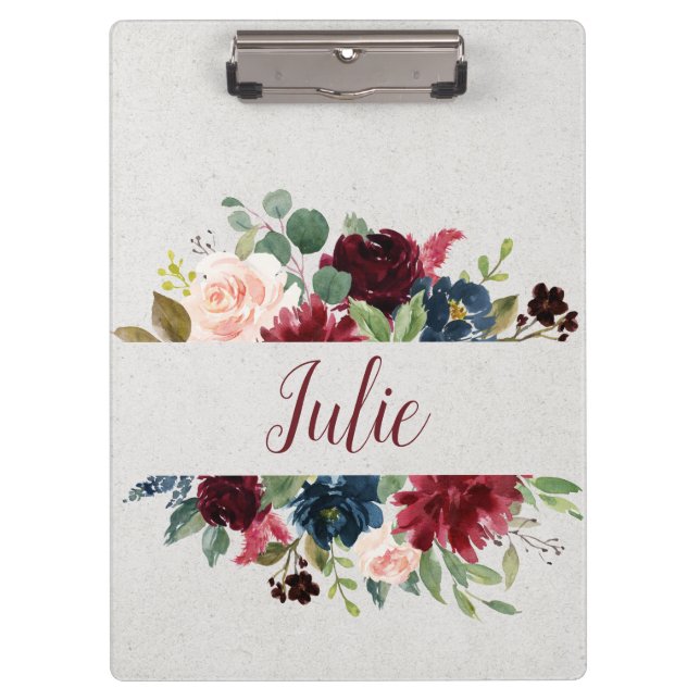 Marsala & Navy Floral Shabby Chic Personalised Clipboard (Front)