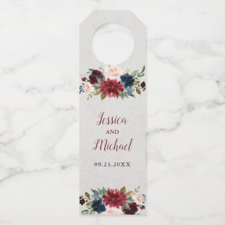 Marsala Navy Floral Shabby Chic Wedding Wine Bottle Tag