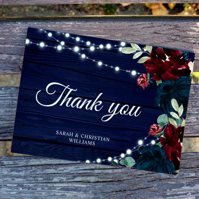 Marsala & Navy  Flower Rustic Wood Thank You Card (Creator Uploaded)
