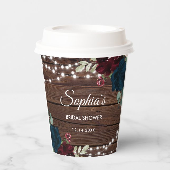 Marsala & Navy Flowers Rustic Bridal Shower  Paper Cups (Front)