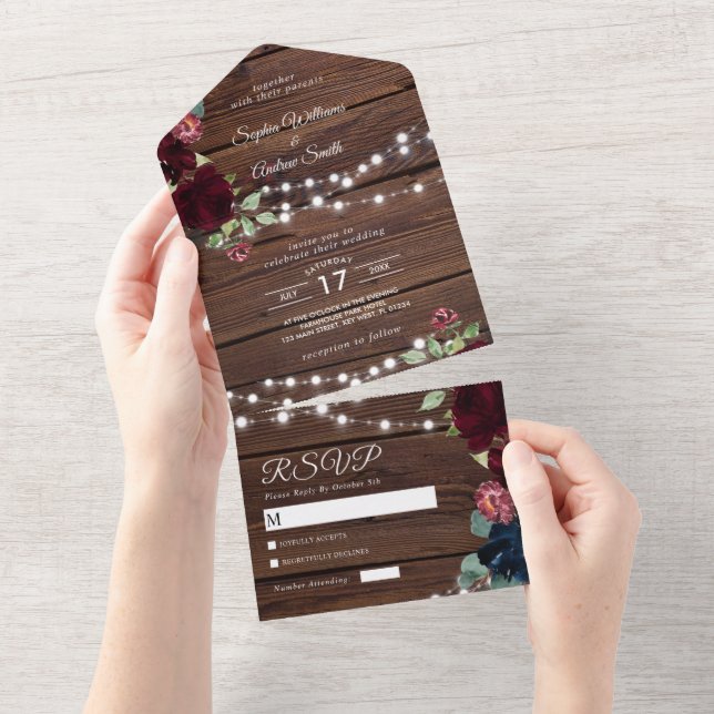 Marsala & Navy Flowers Rustic Wedding  All In One  Invitation (Tearaway)