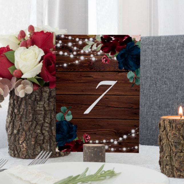 Marsala & Navy Flowers Rustic Wood 7 Table Numbers (Creator Uploaded)