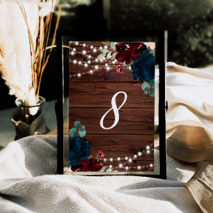 Marsala & Navy Flowers Rustic Wood 8 Table Numbers
