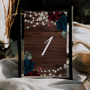 Marsala & Navy Flowers Rustic Wood Table 1 Wedding Table Number