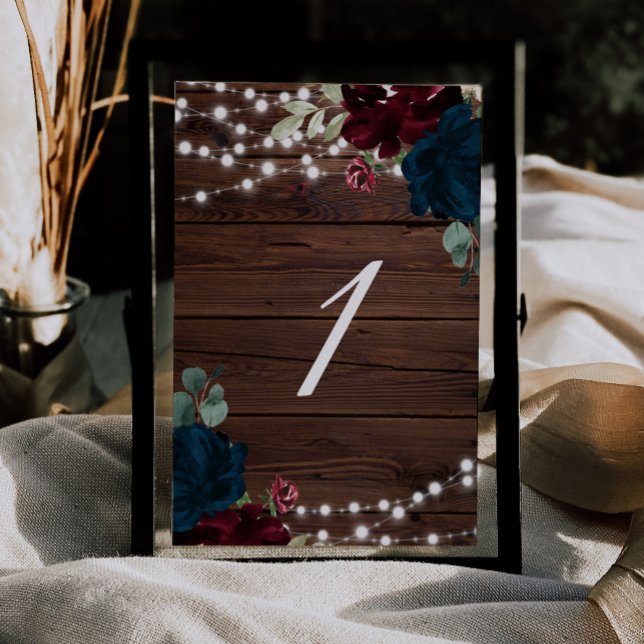 Marsala & Navy Flowers Rustic Wood Table 1 Wedding Table Number (Creator Uploaded)