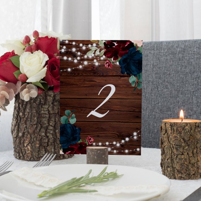 Marsala & Navy Flowers Rustic Wood Table 2 Wedding Table Number (Creator Uploaded)