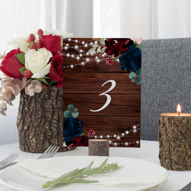 Marsala & Navy Flowers Rustic Wood Table 3 Wedding Table Number (Creator Uploaded)