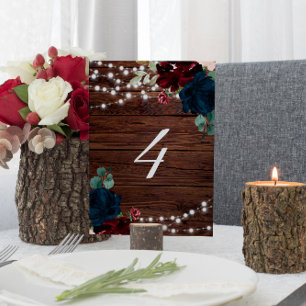 Marsala & Navy Flowers Rustic Wood Table 4 Wedding Table Number
