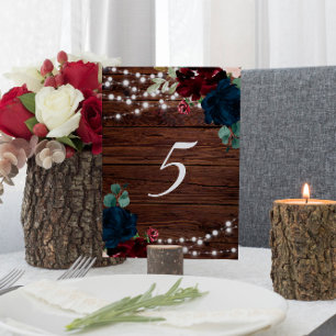 Marsala & Navy Flowers Rustic Wood Table 5 Wedding Table Number