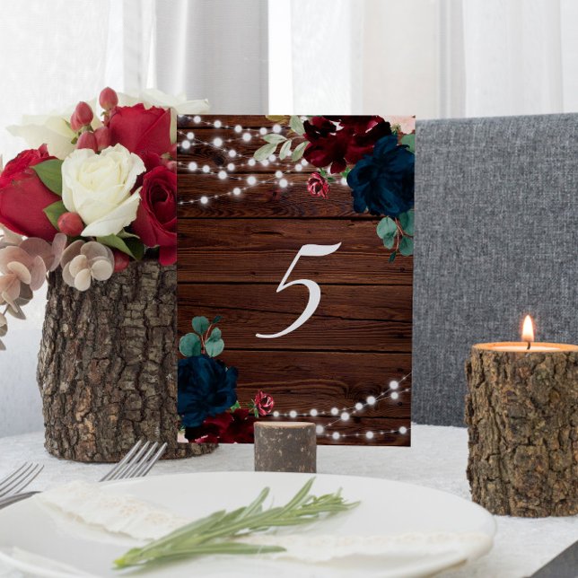 Marsala & Navy Flowers Rustic Wood Table 5 Wedding Table Number (Creator Uploaded)