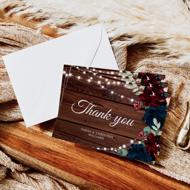 Marsala & Navy Flowers Rustic Wood Thank You Card (Creator Uploaded)