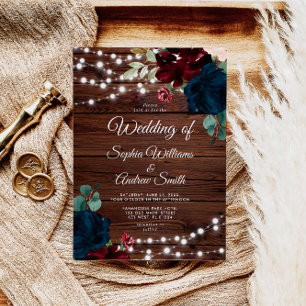 Marsala & Navy Flowers Rustic Wood Wedding Invitation