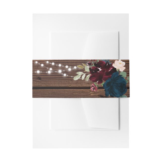 Marsala & Navy Flowers Rustic Wood Wedding  Invitation Belly Band (Front Example)