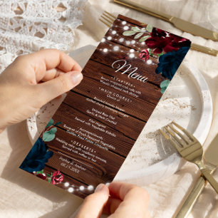 Marsala & Navy Flowers Rustic Wood Wedding Menu