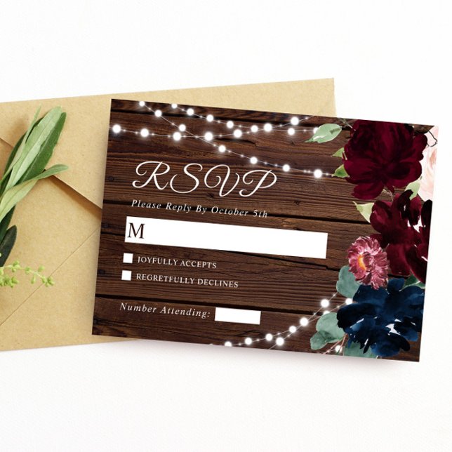 Marsala & Navy Flowers Rustic Wood Wedding RSVP Card (Creator Uploaded)