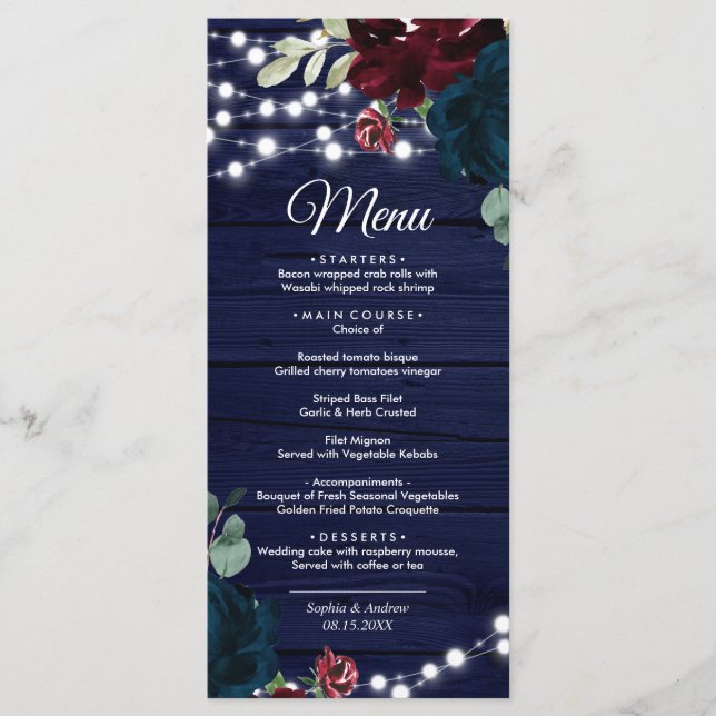 Marsala & Navy Flowers Wood Wedding Menu (Front)