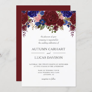 Marsala Navy Pink Rustic Floral Wedding Invitation