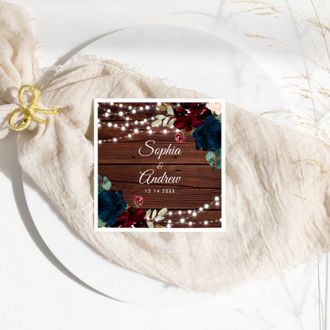 Marsala & Navy Rustic Wood Wedding Napkins (Creator Uploaded)