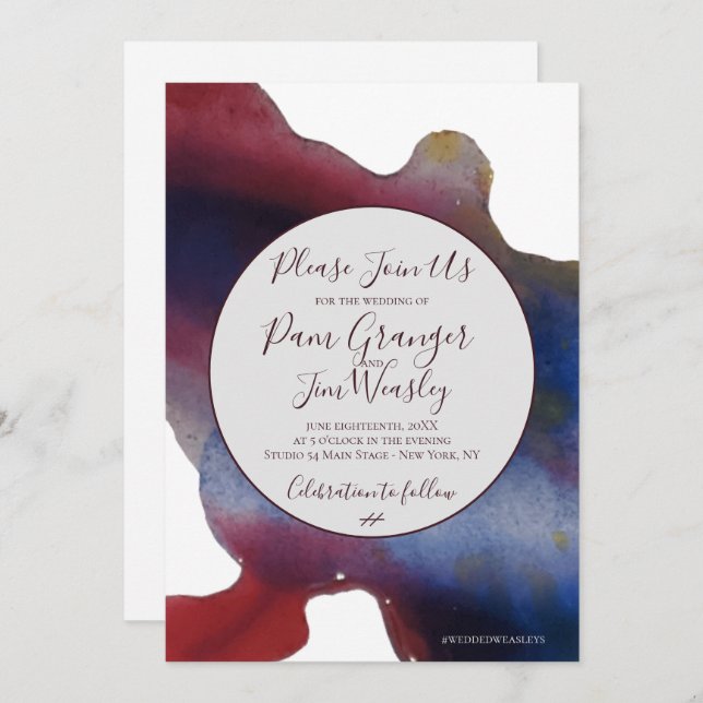 Marsala & Navy Watercolor Wedding Invitation (Front/Back)