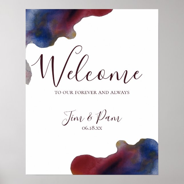 Marsala Navy Watercolor Wedding Welcome Sign (Front)