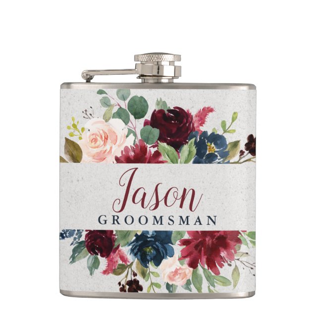 Marsala & Navy Wedding Day Groomsman Personalised Hip Flask (Front)