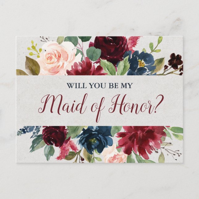 Marsala & Navy Wedding Floral Maid of Honour Postcard (Front)