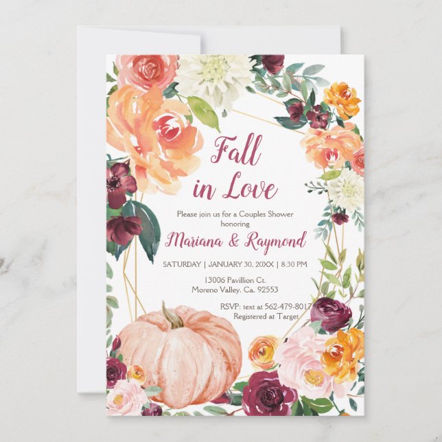 Marsala Orange Pumpkin Fall In Love Couples Shower Invitation (Front)