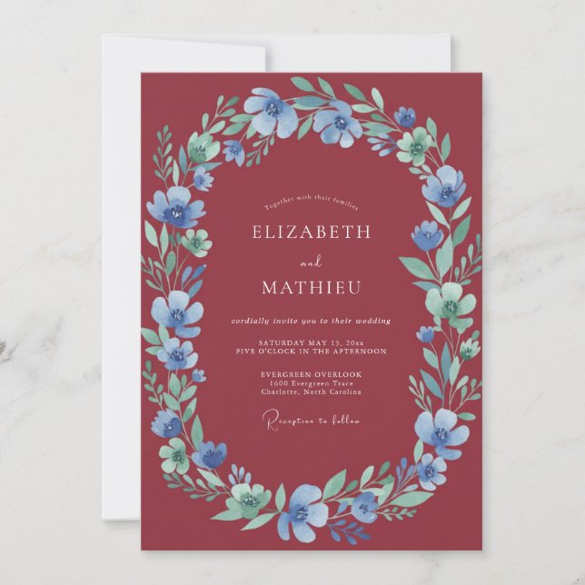 Marsala Periwinkle Leafy Wedding Invitation (Front)