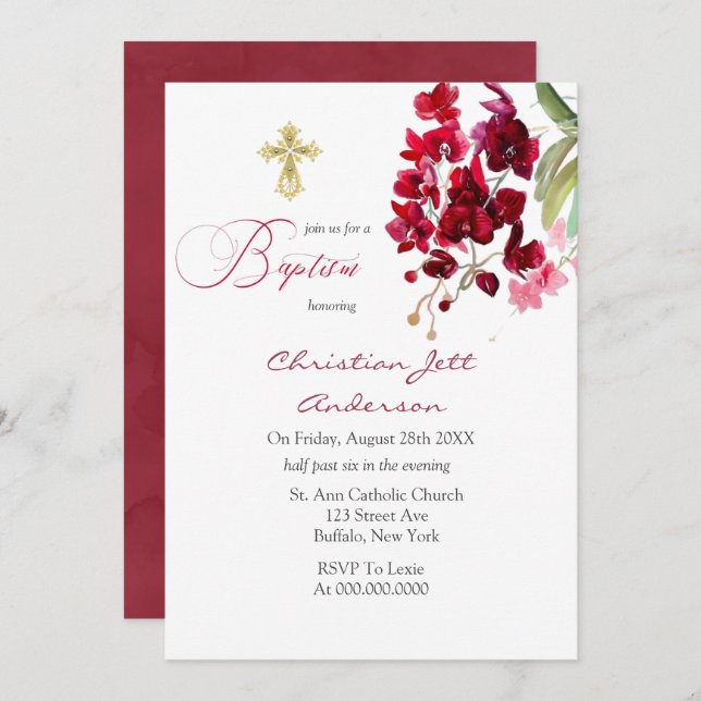Marsala Pink Floral Gold Cross Baptism Invitation (Front/Back)