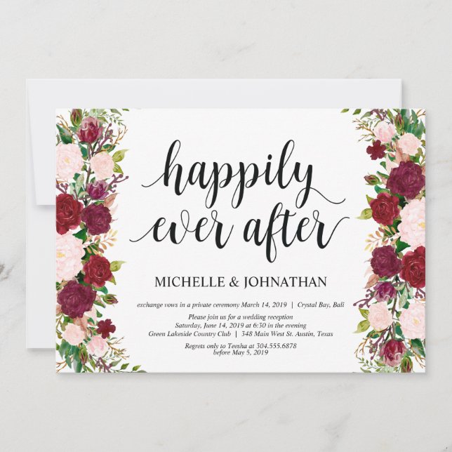 Marsala pink floral Happily ever after, Elopement Invitation (Front)