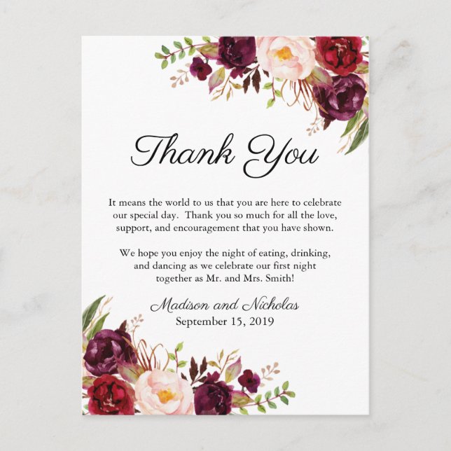 Marsala & Pink Floral Place Setting Thank You Card (Front)