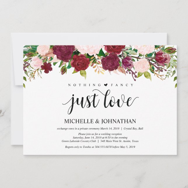 Marsala Pink floral Wedding Elopement Reception Invitation (Front)