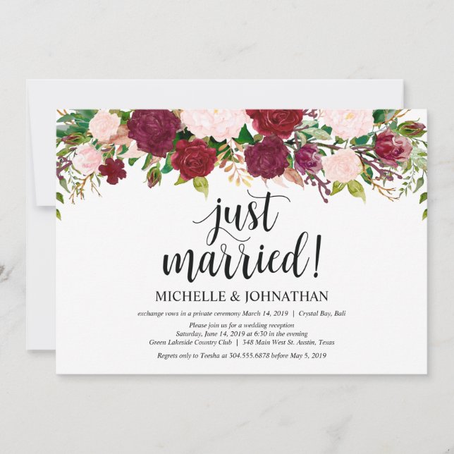 Marsala Pink floral Wedding Elopement Reception Invitation (Front)