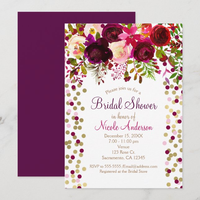 Marsala Pink Flowers Floral Bridal Shower Elegant Invitation (Front/Back)