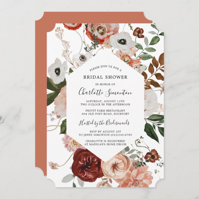 Marsala Pink Terracotta Floral Bridal Shower Invitation (Front/Back)