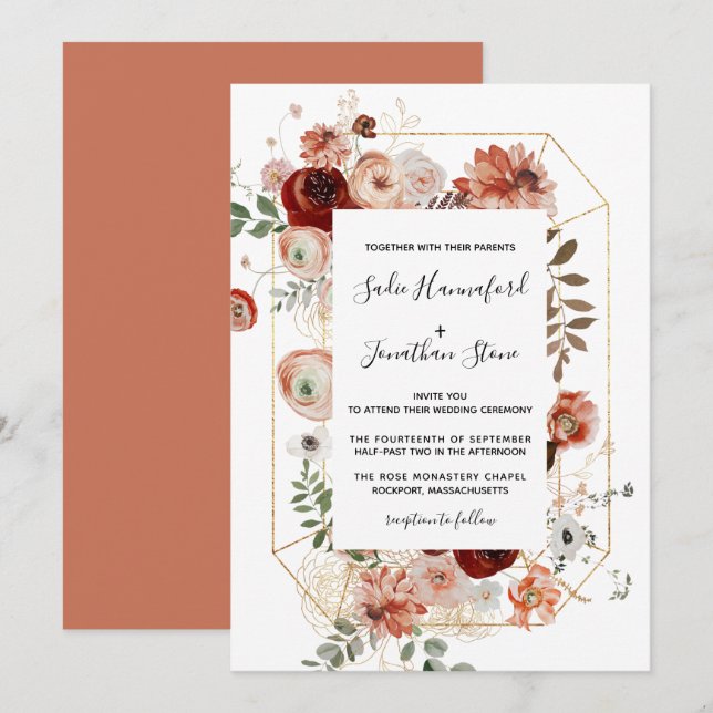 Marsala Pink Terracotta Floral Geometric Wedding I Invitation (Front/Back)