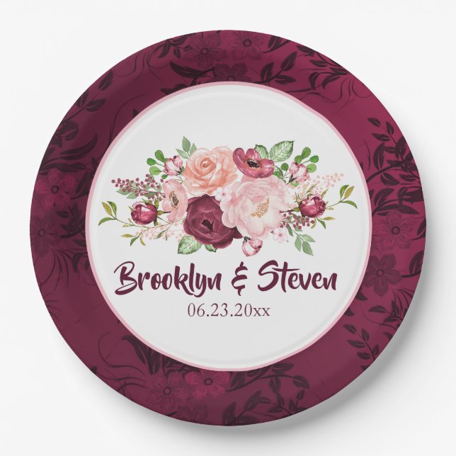 Marsala & Pink Watercolor Peony Wedding-1 Paper Plate (Front)