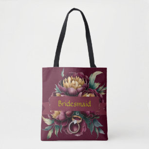 Marsala Red and Gold Peony Bridesmaid Favour Gift Tote Bag