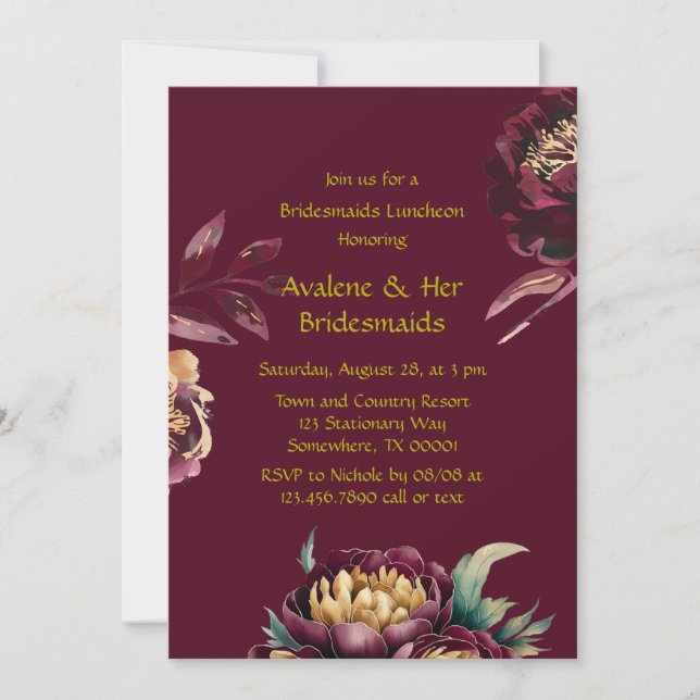 Marsala Red and Gold Peony Bridesmaids Luncheon Invitation (Front)
