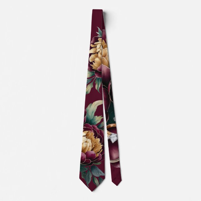 Marsala Red and Gold Peony Wedding Groom Tie (Front)