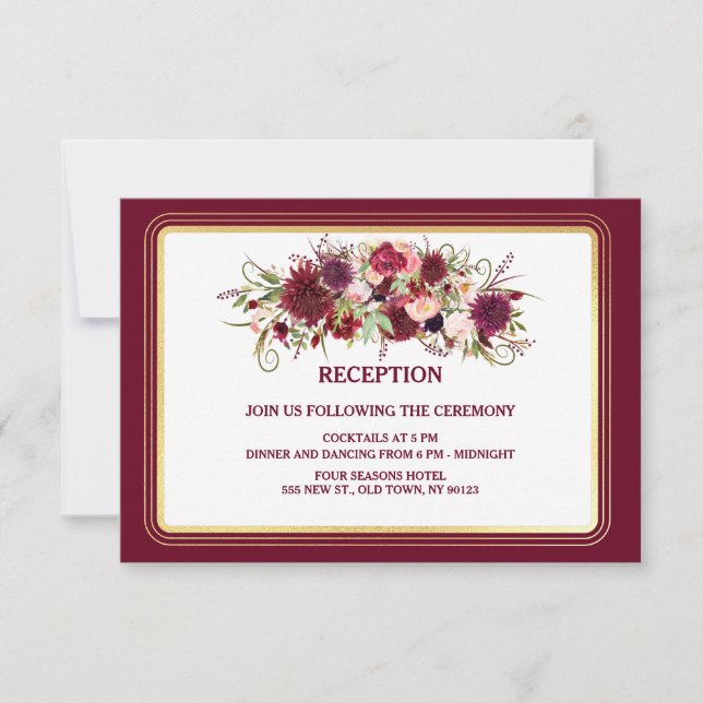 Marsala Red and Gold Wedding Reception Card (Front)