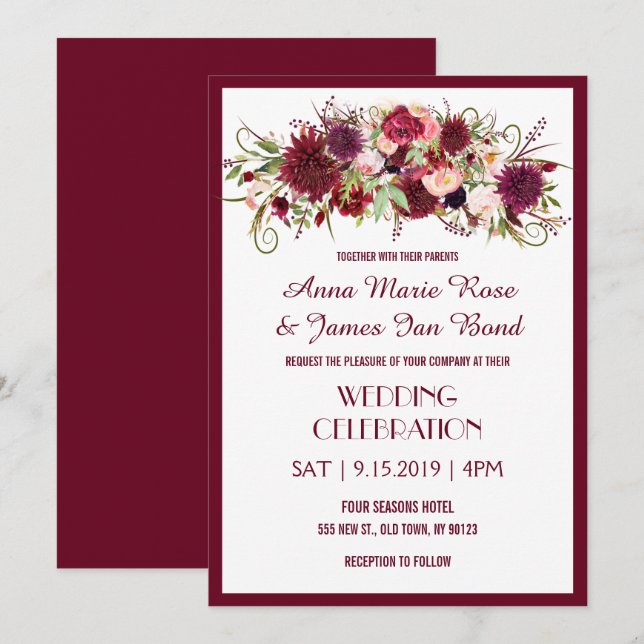 Marsala Red Burgundy Floral Chic Wedding Cards (Front/Back)