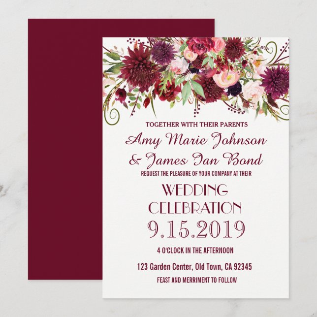 Marsala Red Burgundy Floral Chic Wedding Cards (Front/Back)