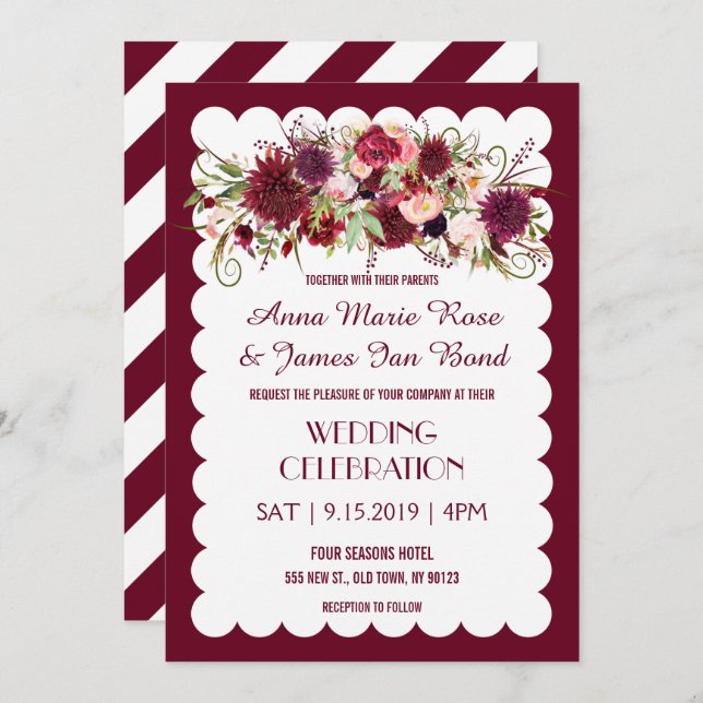 Marsala Red Burgundy Floral Chic Wedding Invite (Front/Back)