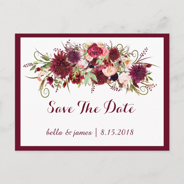 Marsala Red Burgundy Floral Save The Date Postcard (Front)