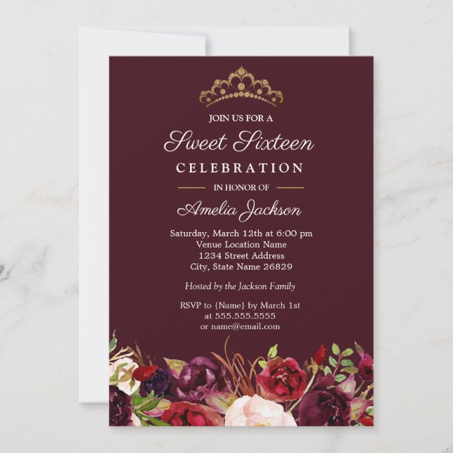 Marsala Red Burgundy Floral Sweet 16 Invitation (Front)