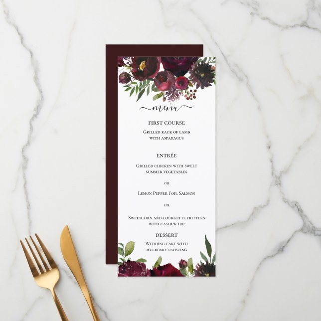 Marsala Red Burgundy Floral Watercolor Menu (Front/Back In Situ)